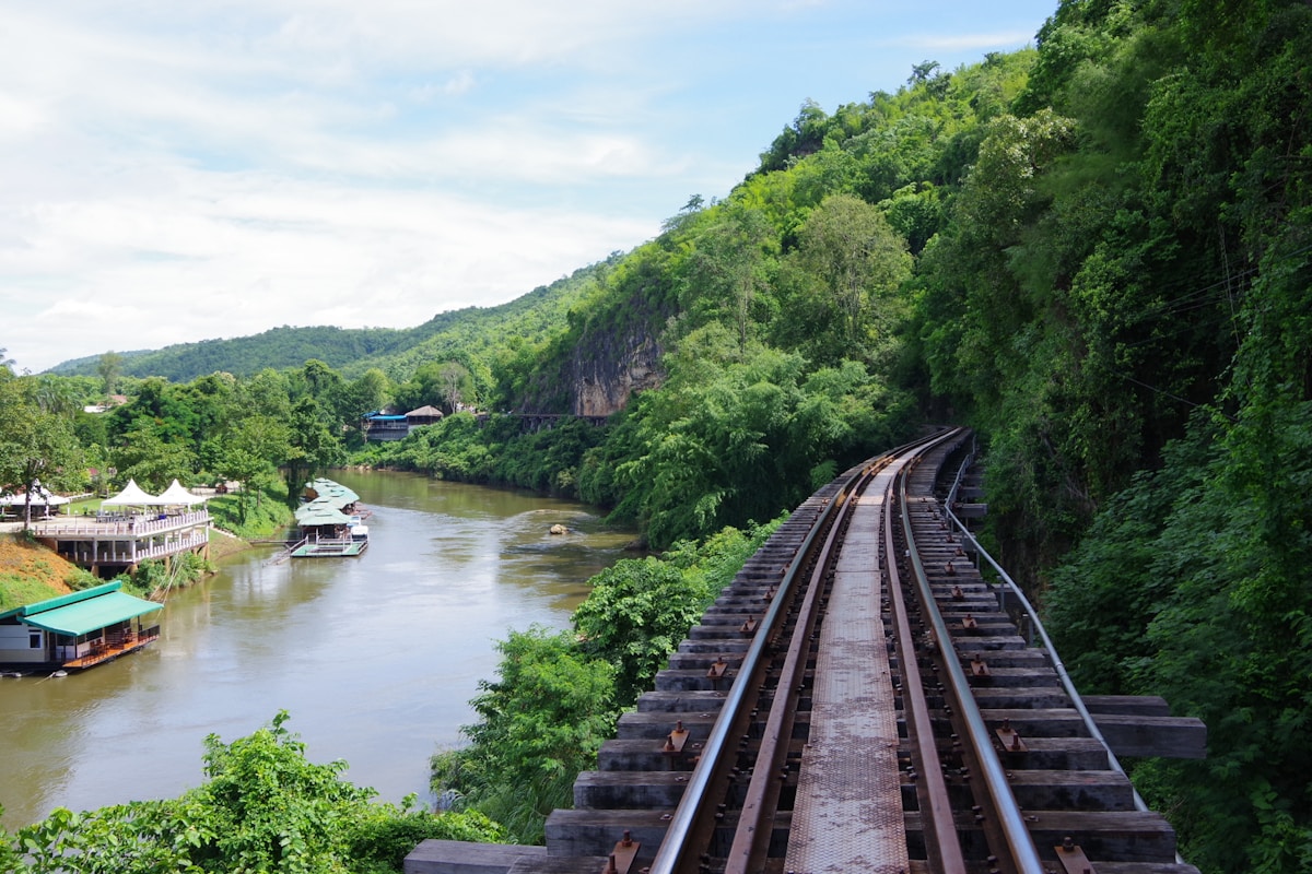 The Death Railway track running along the river gorge at Kanchanaburi, Thailand